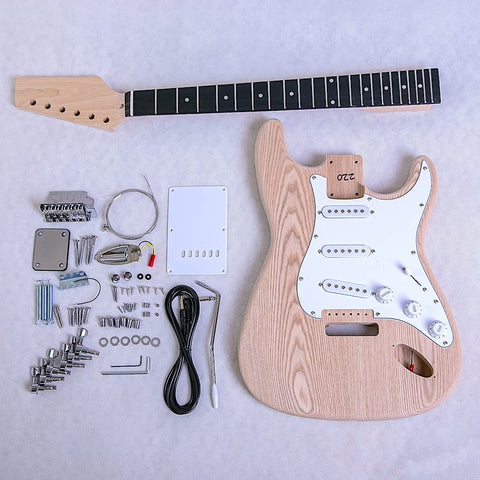 Coban Guitars Build Your Own DIY Electric Guitar Kit ST4 Strat Style Ash Body Ebony Fingerboard White Pickguard Non Soldering Chrome Hardware Guitar Making Kit