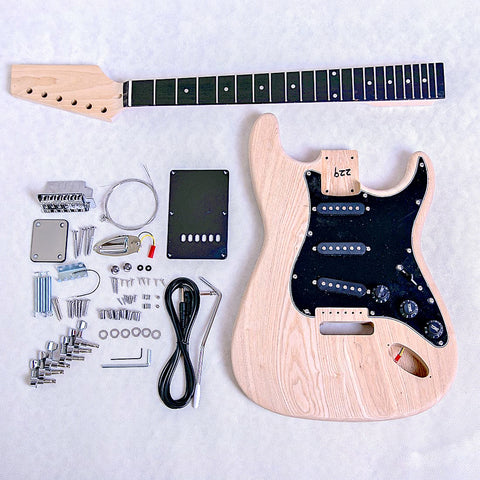 Coban Guitars Build Your Own DIY Electric Guitar Kit ST4 Strat Style Ash Body Ebony Fingerboard Black Pickguard Non Soldering Chrome Hardware Guitar Making Kit.