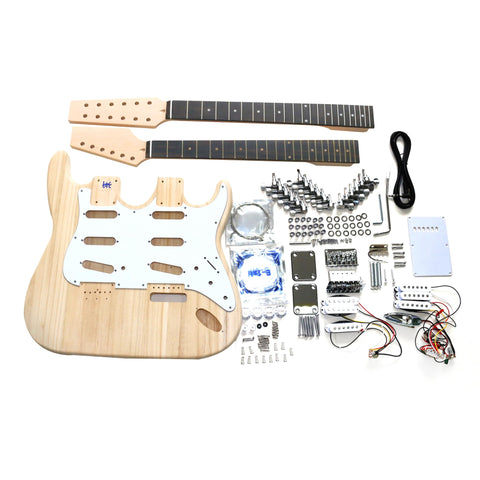 DIY ST Double-Neck Guitar Kit | Paulownia Body | Ebony Fingerboard | Chrome Hardware & White or Black Pickguard