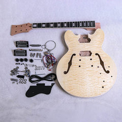 Coban Guitars Electric Semi Hollow DIY Guitar Kit ES240 Mahogany Body Quilted Maple Veneer Chrome Hardware Cream Fittings