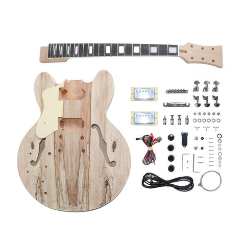 Coban Guitars ES266 Left-Handed Semi-Hollow Electric DIY Guitar Kit – Mahogany Body, Spalted Maple Veneer, Chrome Hardware, Cream Fittings