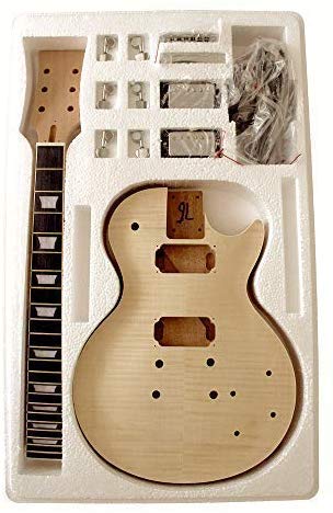 DIY Electric Guitar Kits, LP744BC Style Solid Mahogany body with Flamed Maple Veneer No Soldering Required Black/Chome