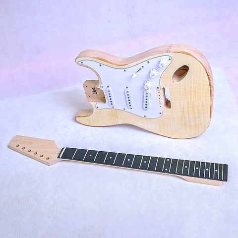 Build your own DIY Guitar Kit ST4F Ash Body Flame Maple Top Side Hardware Chrome with White Pickguard